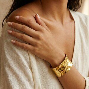 18K Gold Plated 316L  Stainless Steel Wide Hammered Statement Cuff Bracelet